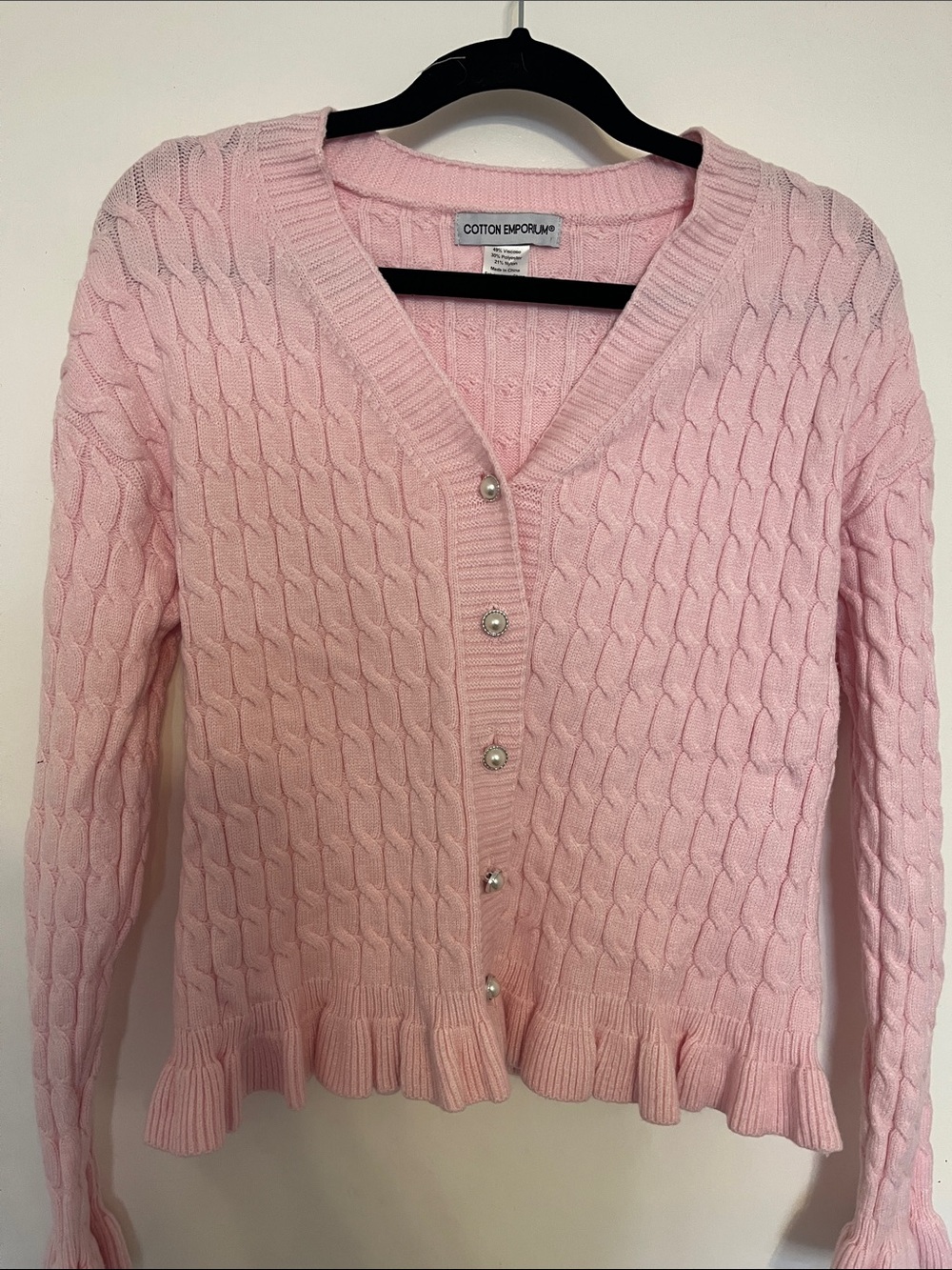 Cotton Emporium Light Pink Cable Knit Ruffled Hem Cardigan ballerina pink